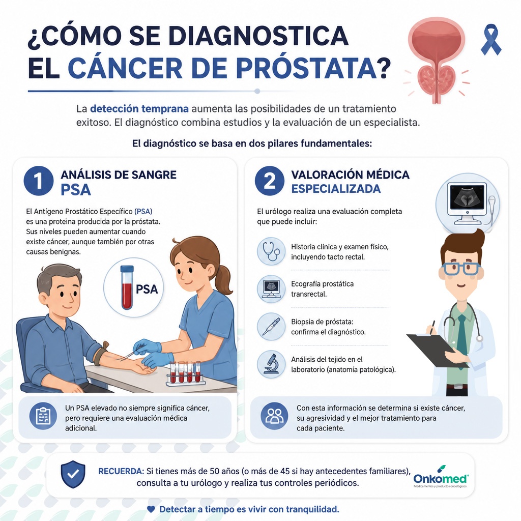 Proceso de diagnóstico temprano del cáncer de próstata mediante PSA y valoración médica.
