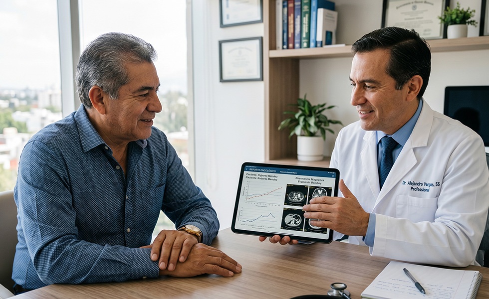 Paciente conversando con un médico sobre el diagnóstico y tratamiento del cáncer de próstata en México.