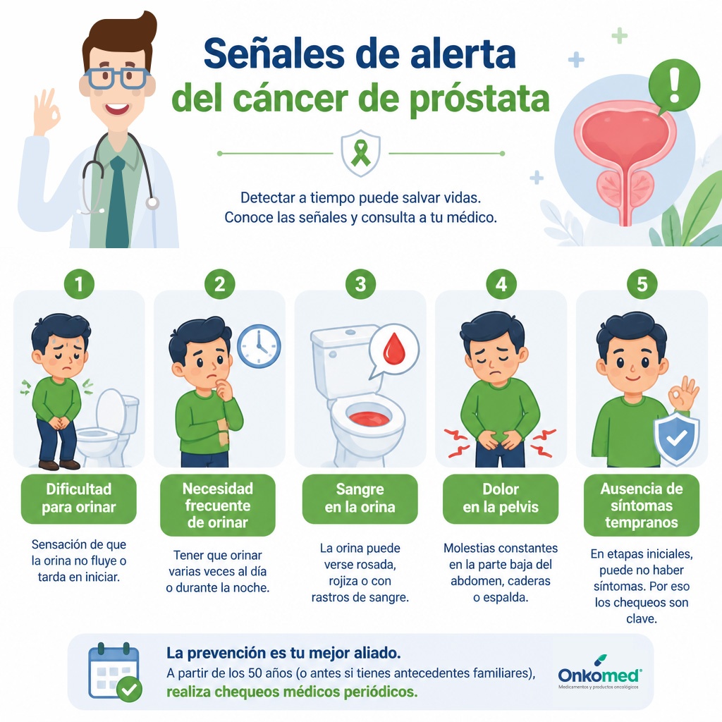 Infografía con los principales síntomas de cáncer de próstata y señales de alerta en hombres.